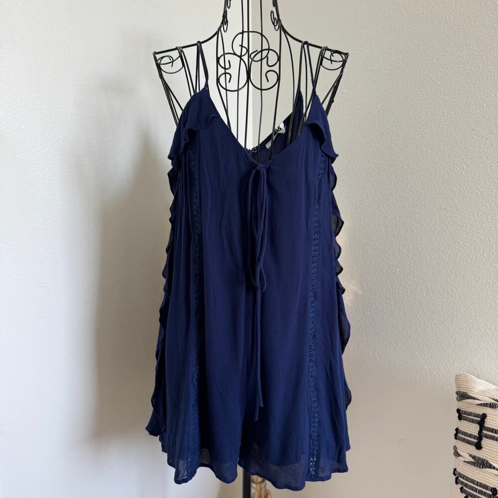 Lush Navy Blue Ruffle Spaghetti Strap V-Neck Romper NWT Medium- Boho